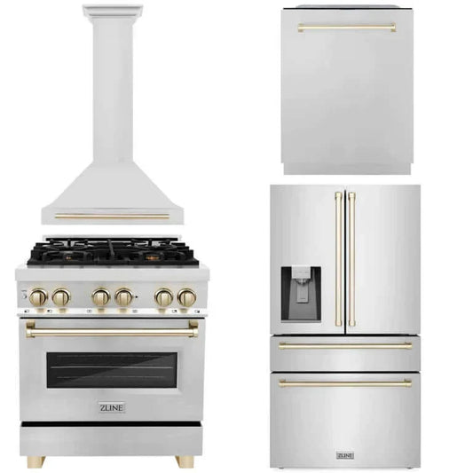 ZLINE Autograph Edition 30 in. Kitchen Package with Stainless Steel Dual Fuel Range, Range Hood, Dishwasher and Refrigeration Including External Water Dispenser with Polished Gold Accents (4AKPR-RARHDWM30-G)