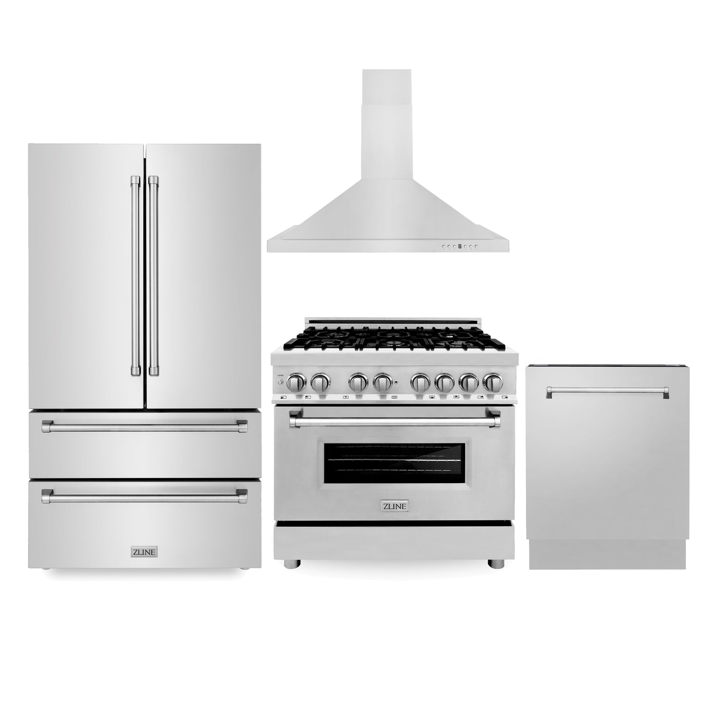 ZLINE Kitchen Package with 36 in. Stainless Steel Dual Fuel Range, 36 in. Convertible Vent Range Hood, 36 in. French Door Refrigerator,  and 24 in. Tall Tub Dishwasher (4KPR-RARH36-DWV)