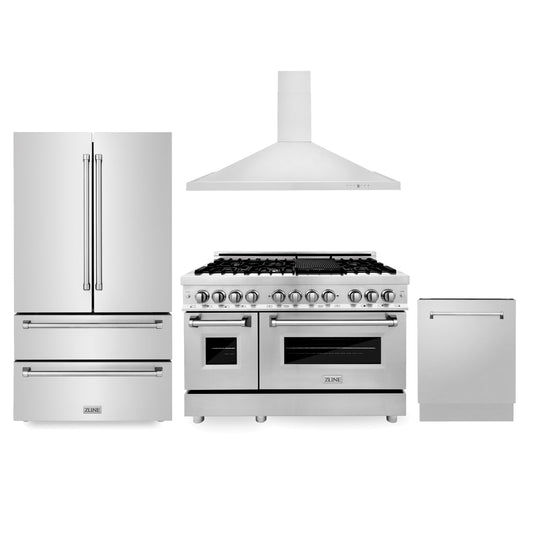 ZLINE Kitchen Package with 36 in. Refrigerator, 48 in. Stainless Steel Dual Fuel Range, 48 in. Convertible Vent Range Hood and 24 in. Tall Tub Dishwasher (4KPR-RARH48-DWV)