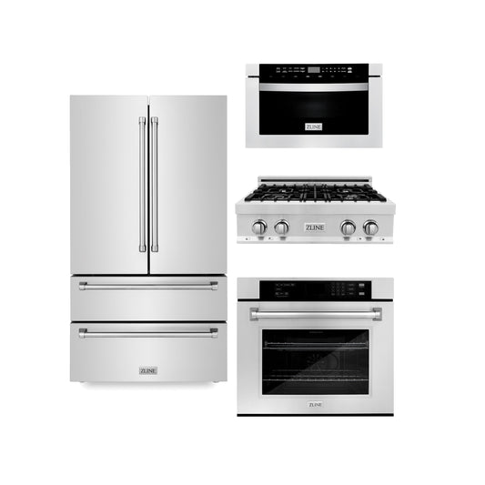 ZLINE Kitchen Package with 30 in. Stainless Steel Rangetop, 36 in. French Door Refrigerator, 30 in. Single Wall Oven, and 30 in. Microwave Oven (4KPR-RT30-MWAWS)