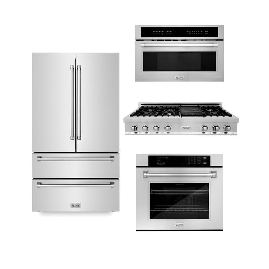 ZLINE Kitchen Package with 36 in. Refrigerator, 48 in. Stainless Steel Rangetop, 30 in. Single Wall Oven, 30 in. Microwave Oven (4KPR-RT48-MWAWS)