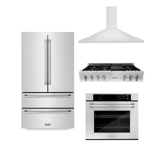 ZLINE Kitchen Package with 36 in. Refrigerator, 48 in. Stainless Steel Rangetop, 48 in. Range Hood and 30 in. Single Wall Oven (4KPR-RTRH48-AWS)