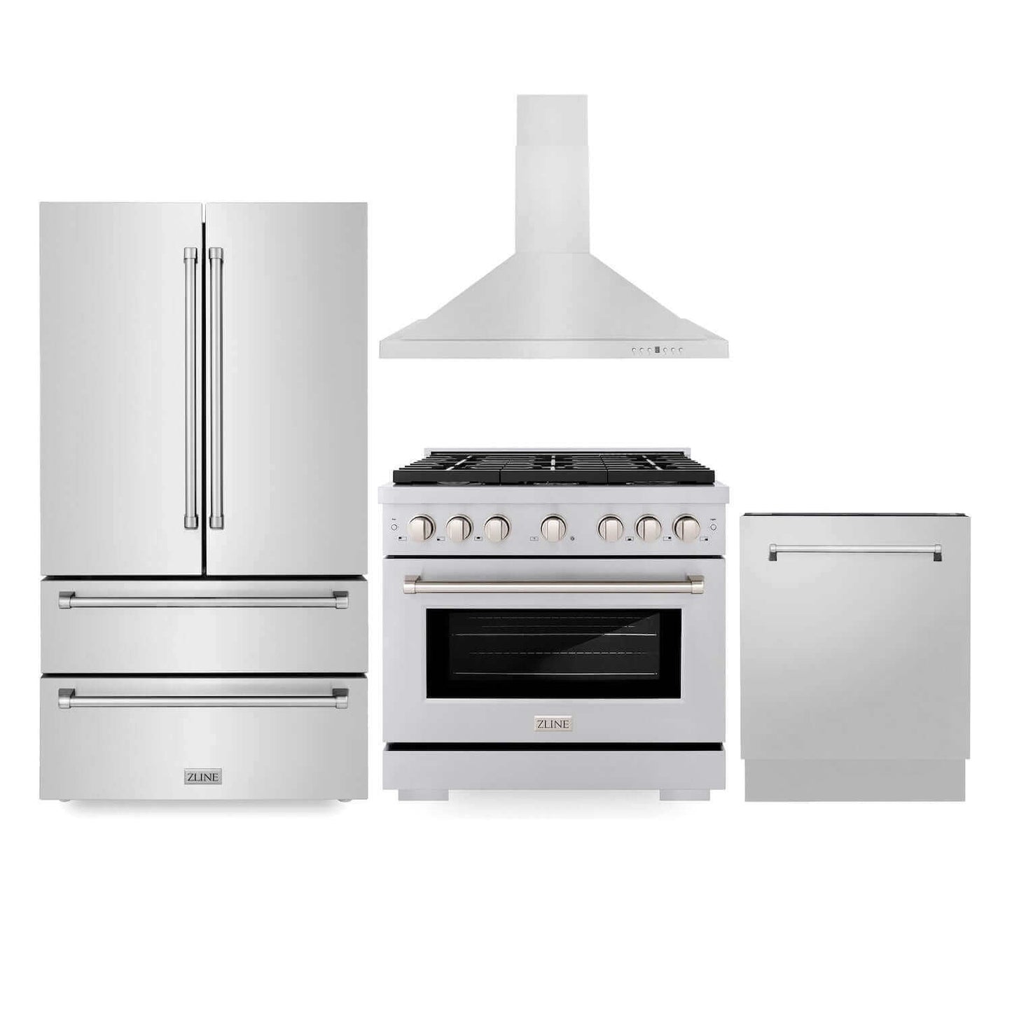 ZLINE Kitchen Package with Refrigeration, 36 in. Stainless Steel Gas Range, 36 in. Convertible Vent Range Hood and 24 in. Tall Tub Dishwasher (4KPR-SGRRH36-DWV)