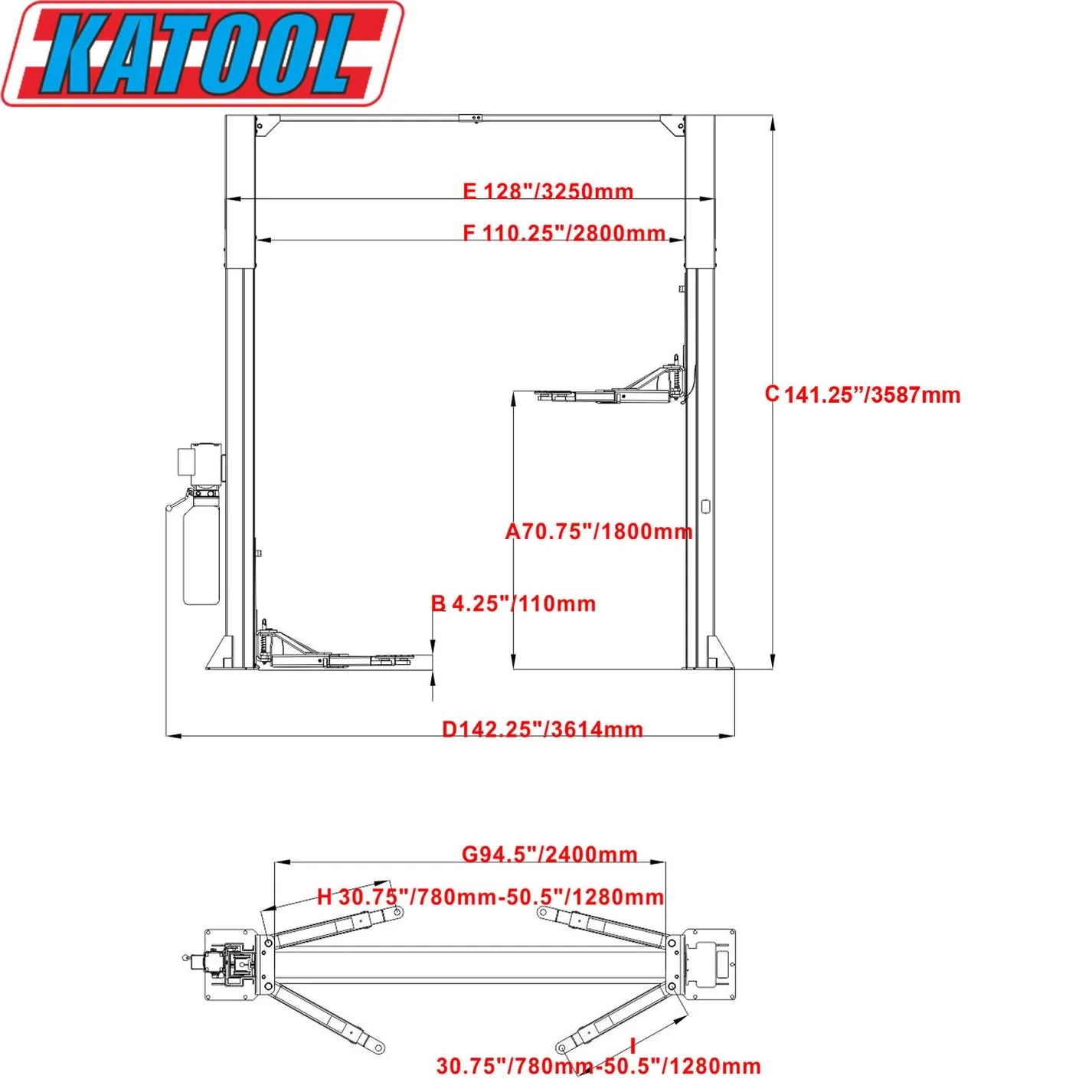 Katool KT-M110 Two Post Clear-floor Vehicle Lift 11,000lbs