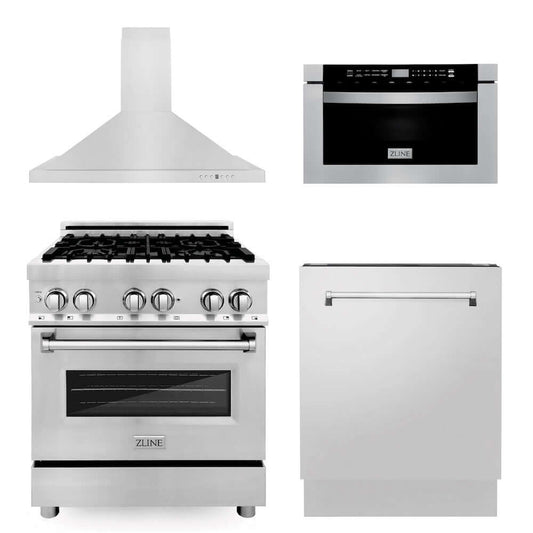 ZLINE 30 in. Kitchen Package with Stainless Steel Dual Fuel Range, Range Hood, Microwave Drawer and Tall Tub Dishwasher (4KP-RARH30-MWDWV)