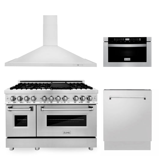 ZLINE 48 in. Kitchen Package with Stainless Steel Dual Fuel Range, Range Hood, Microwave Drawer and Tall Tub Dishwasher (4KP-RARH48-MWDWV)