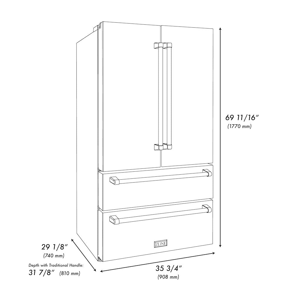 ZLINE Kitchen Package with 36 in. Stainless Steel Dual Fuel Range, 36 in. Convertible Vent Range Hood, 36 in. French Door Refrigerator,  and 24 in. Tall Tub Dishwasher (4KPR-RARH36-DWV)