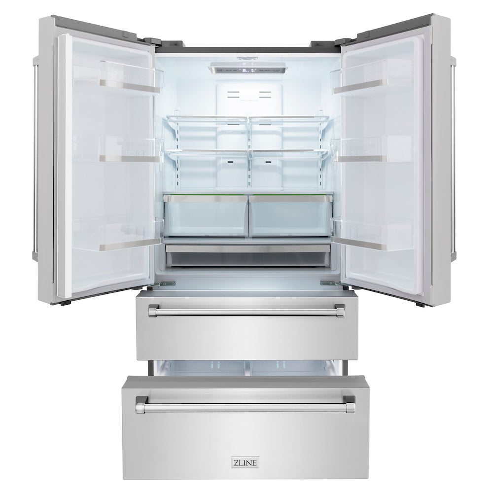 ZLINE Kitchen Package with 36 in. Stainless Steel Dual Fuel Range, 36 in. Convertible Vent Range Hood, 36 in. French Door Refrigerator,  and 24 in. Tall Tub Dishwasher (4KPR-RARH36-DWV)