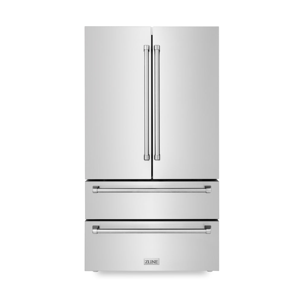 ZLINE Kitchen Package with 36 in. Stainless Steel Dual Fuel Range, 36 in. Convertible Vent Range Hood, 36 in. French Door Refrigerator,  and 24 in. Tall Tub Dishwasher (4KPR-RARH36-DWV)