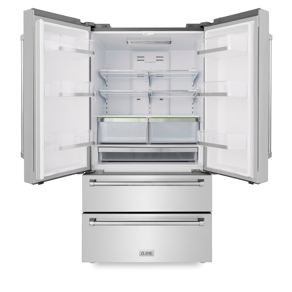 ZLINE Kitchen Package with 36 in. Stainless Steel Dual Fuel Range, 36 in. Convertible Vent Range Hood, 36 in. French Door Refrigerator,  and 24 in. Tall Tub Dishwasher (4KPR-RARH36-DWV)