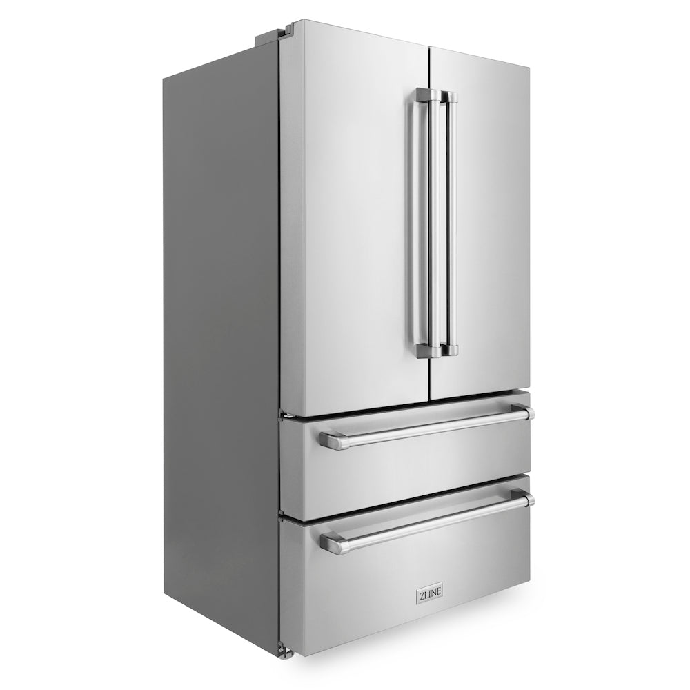 ZLINE Kitchen Package with 36 in. Stainless Steel Dual Fuel Range, 36 in. Convertible Vent Range Hood, 36 in. French Door Refrigerator,  and 24 in. Tall Tub Dishwasher (4KPR-RARH36-DWV)