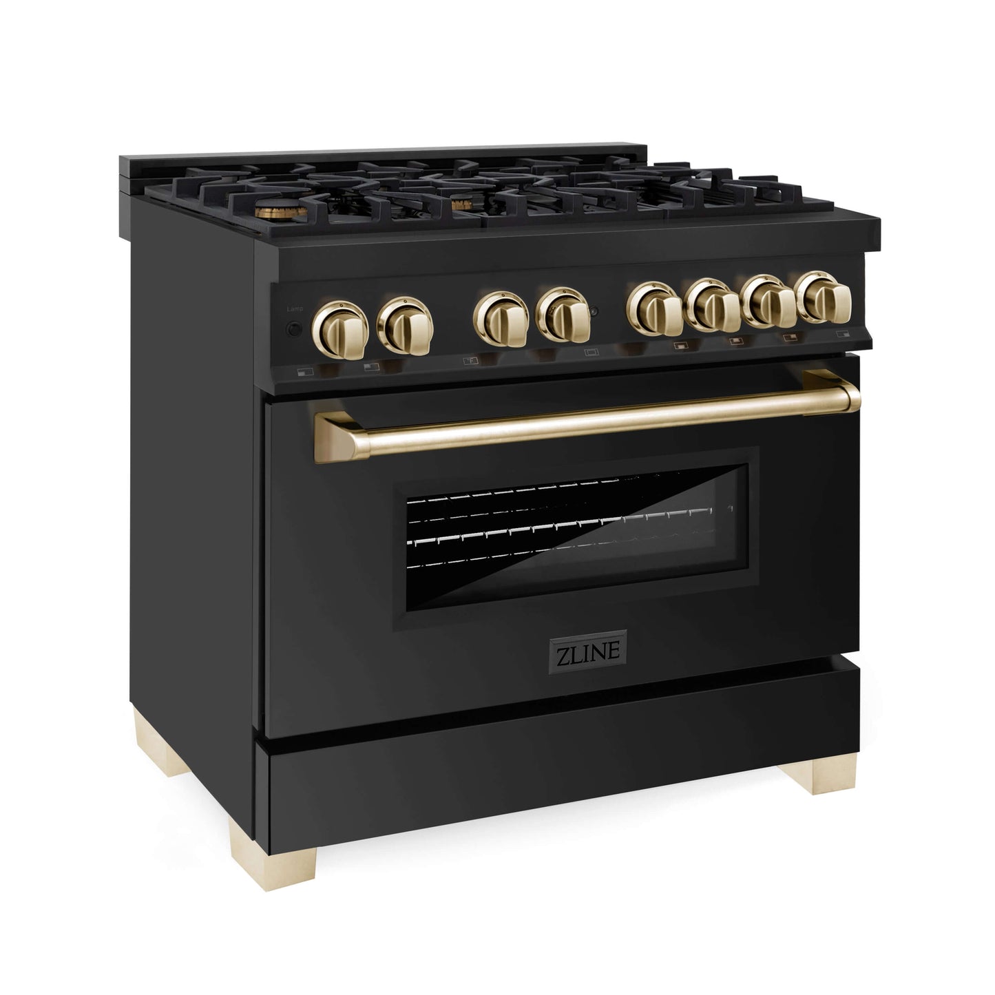 ZLINE Autograph Edition 36 in. Kitchen Package with Black Stainless Steel Dual Fuel Range, Range Hood, Dishwasher and Refrigeration with Champagne Bronze Accents (4AKPR-RABRHDWV36-CB)