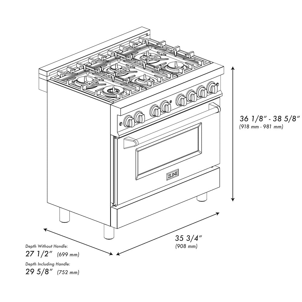 ZLINE Kitchen Package with 36 in. Stainless Steel Dual Fuel Range, 36 in. Convertible Vent Range Hood, 36 in. French Door Refrigerator,  and 24 in. Tall Tub Dishwasher (4KPR-RARH36-DWV)